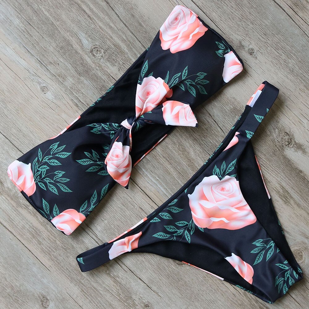 Off Shoulder Floral Printed Bikini Set