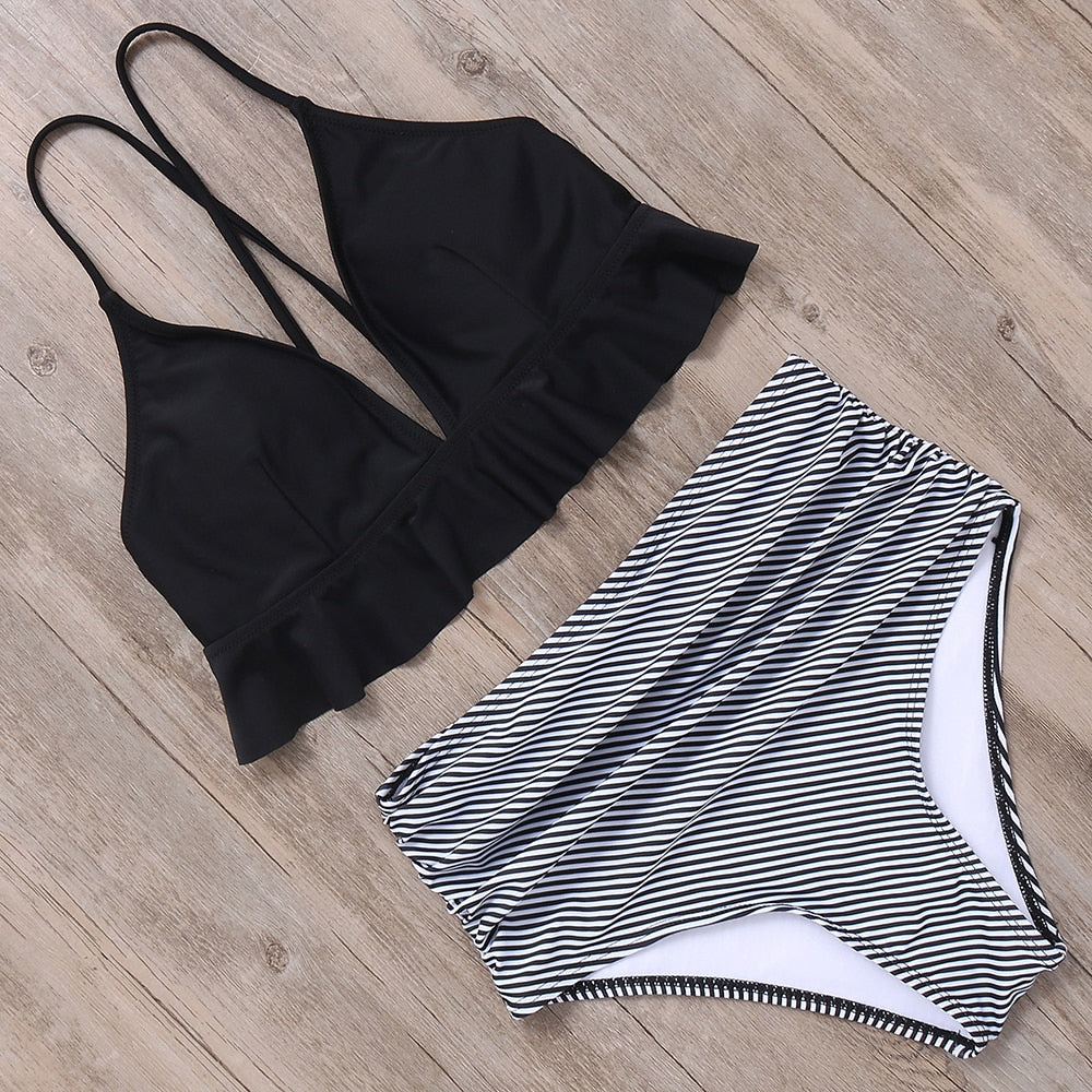 Striped High Waist Bikini Set